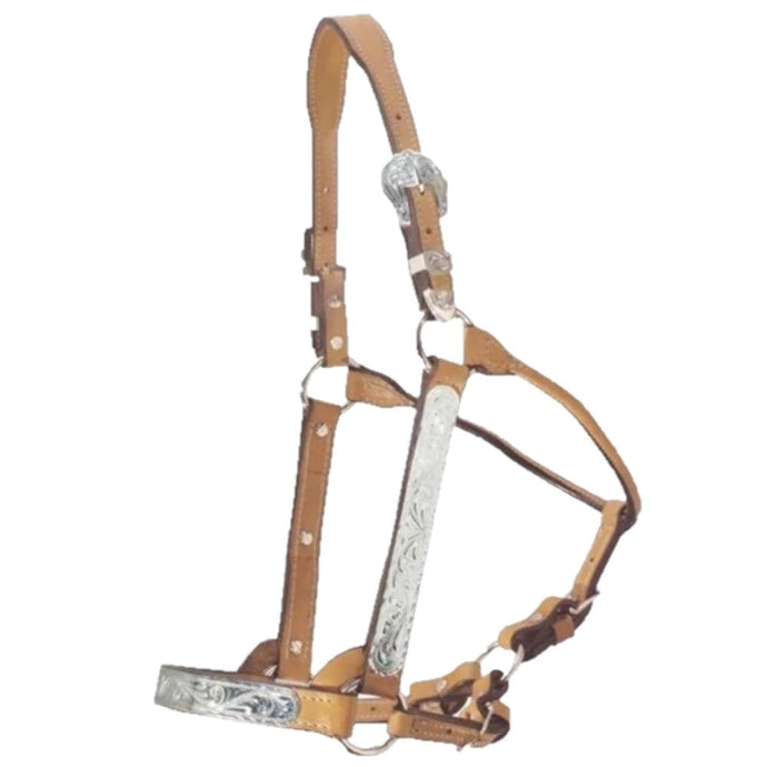ALAMO Saddlery Show Halter Golden Leather W/ Silver Bars Buckles & Lead 4400-SS