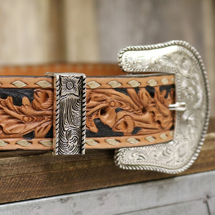 ALAMO Saddlery 1-1/2in Straight Belt Golden Leather Acorn Tooling W/ Buckstitch