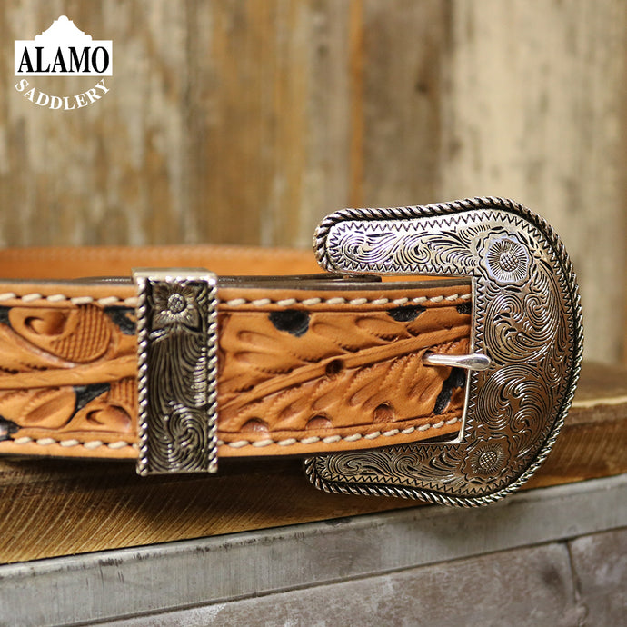 ALAMO Saddlery 1-1/2in Straight Belt Golden Leather Acorn Tooled W/ Background Paint