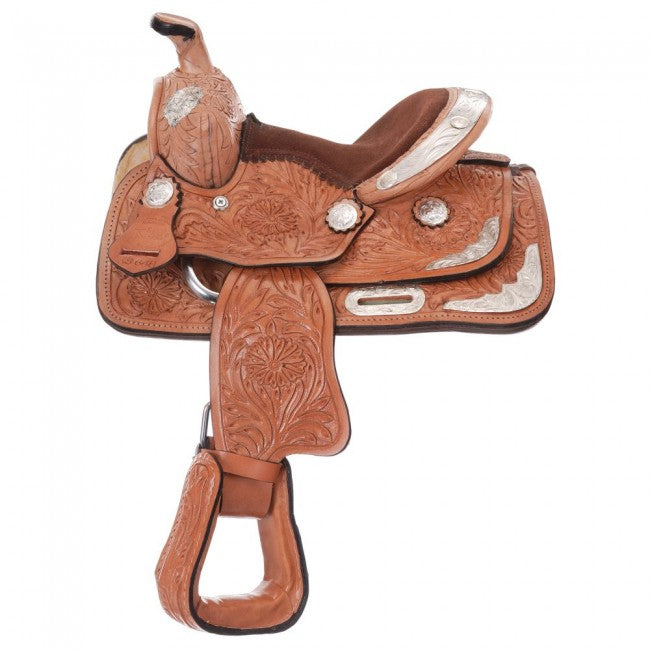JT International 8 Inch Miniature Western Carved Show Saddle with Silver KS648