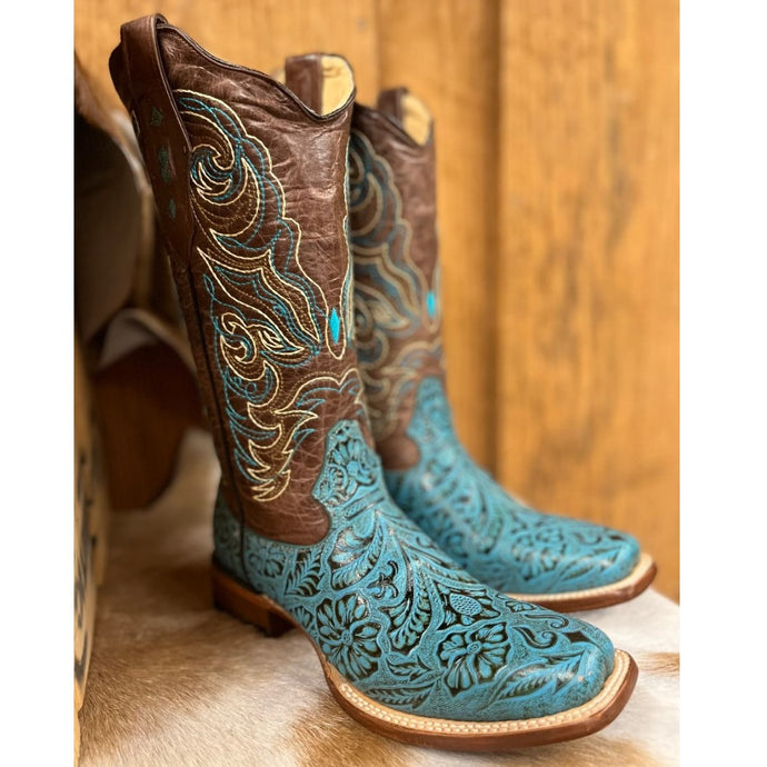Cowtown Ladies Turquoise Tooling Wide Square Toe Boots Q451